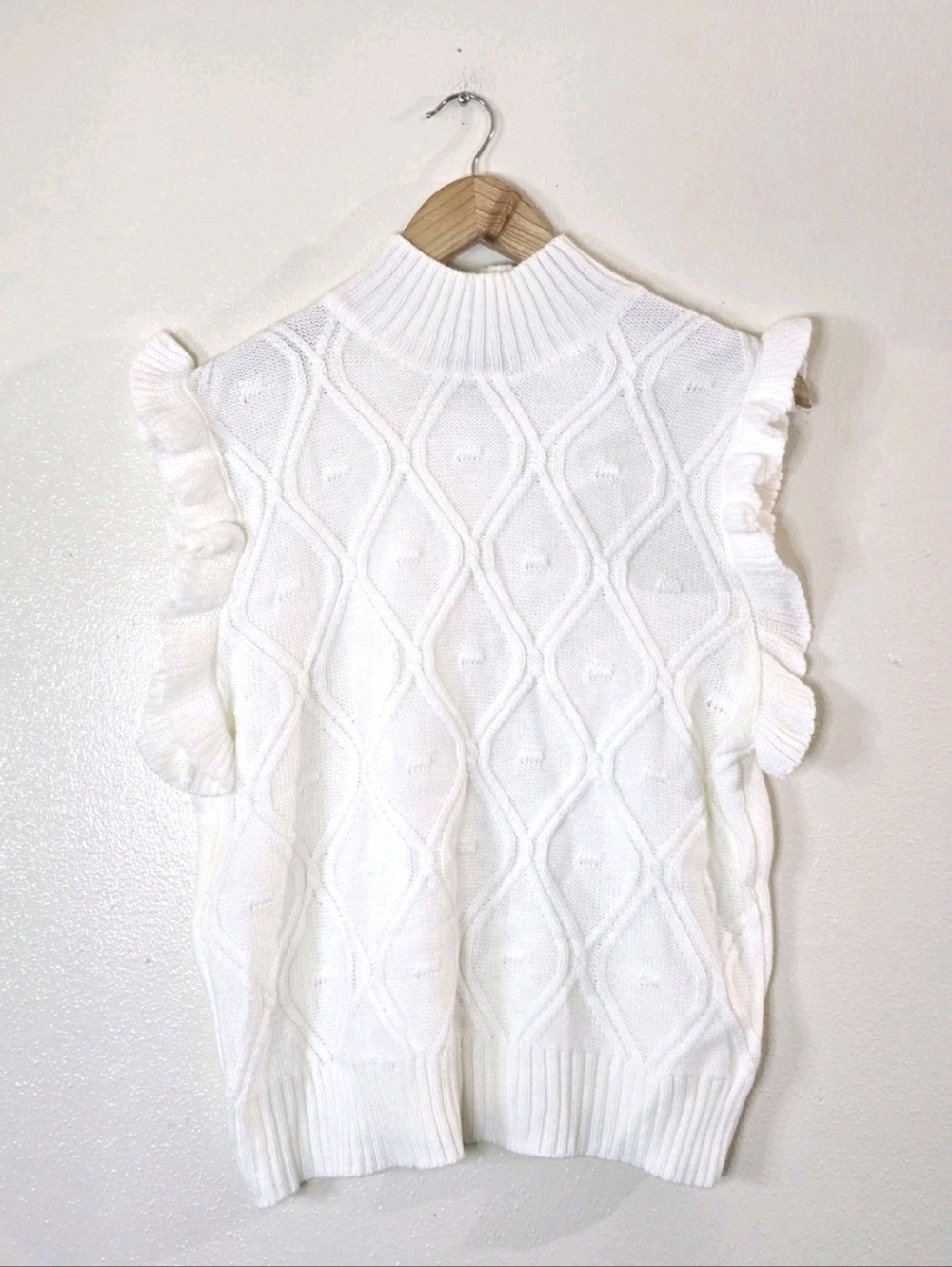 Allegra K White Cable Knit Sweater Vest Ruffle Sleeve Mock Neck Top Size M - Picture 2 of 11